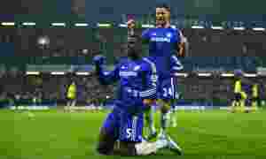Kurt Zouma of Chelsea, No5, celebrates with Gary Cahill after scoring against Watford